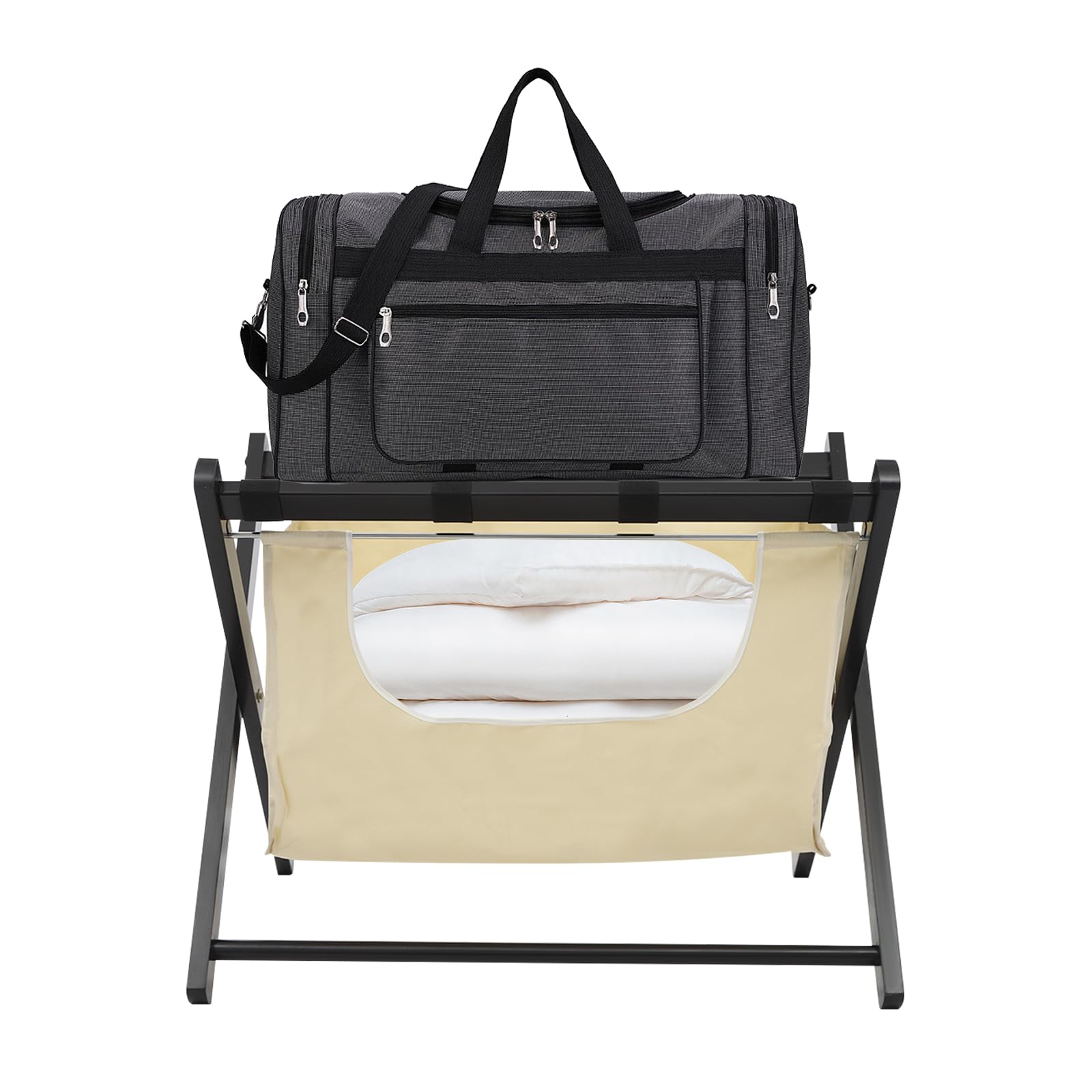 Porte-bagages en bois de pin noir et beige avec rangement de 20kg