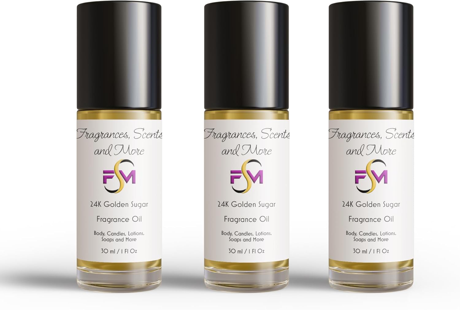 24K Golden Sugar Fragrance Oil - 3 Bottles 1 Fl Oz Glass Roll On (30ml)
