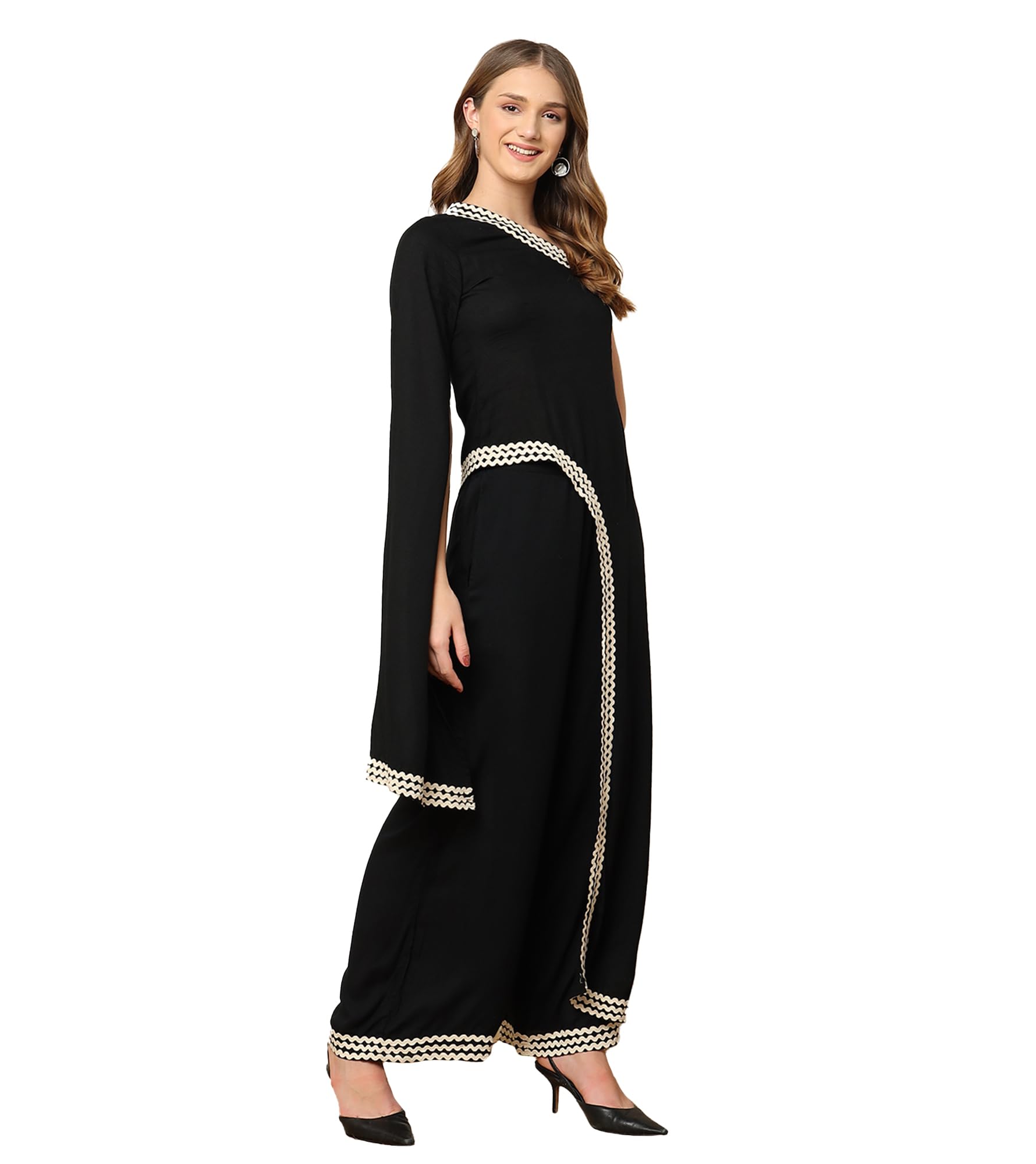 Women's Solid Rayon Ankle Length Tunic & Palazzo|Cape Sleeve|Cord Set for Women Fashion|Long Jumpsuits Western Dress for Women Stylish Two Piece Co ord Set|Casual Wear(Black)