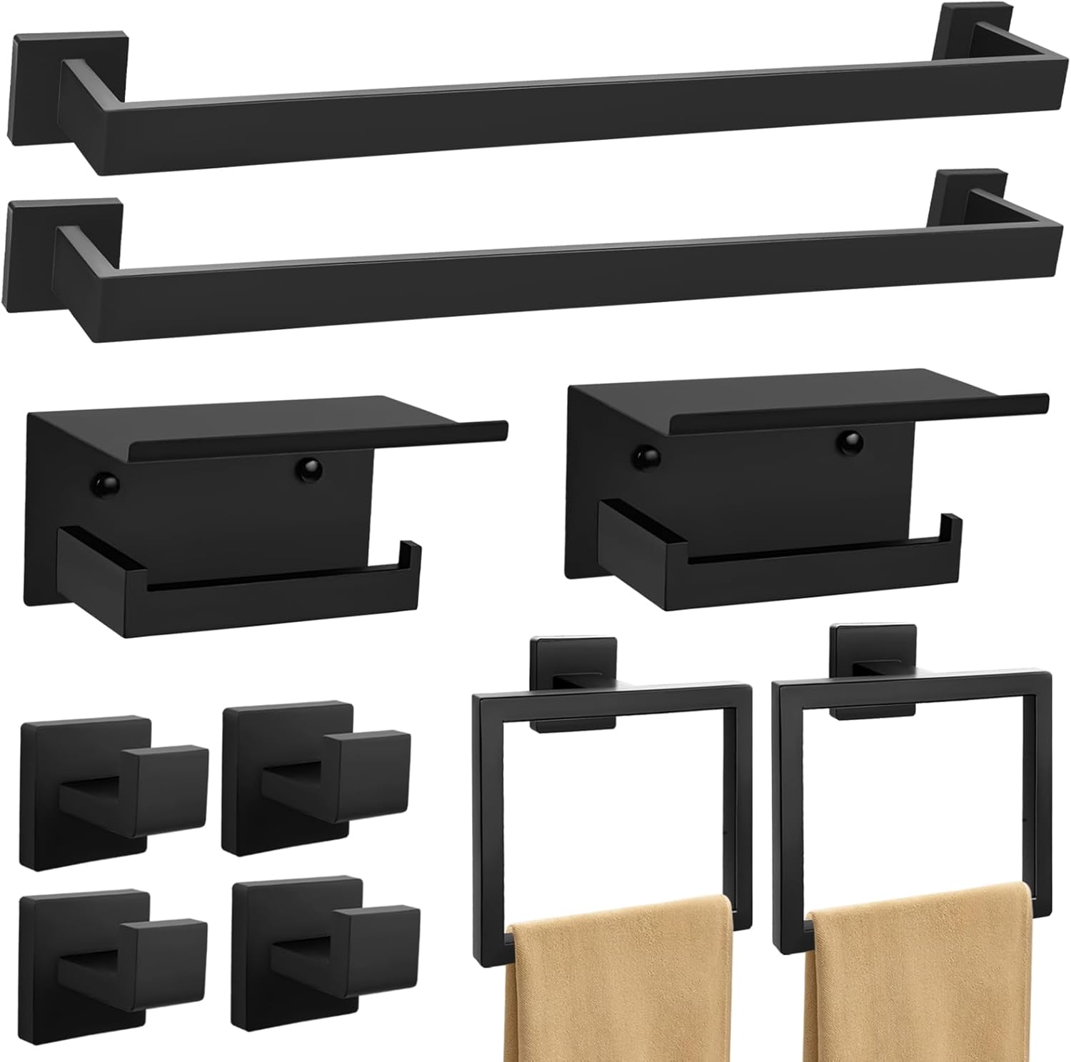 Matte Black Towel Bar Set 10-Piece Black Bathroom Hardware Set Includes 23.6 Inch Towel Bar,Toilet Paper Holder with Shelf,Stainless Steel Wall-Mounted Bathroom Accessories Set