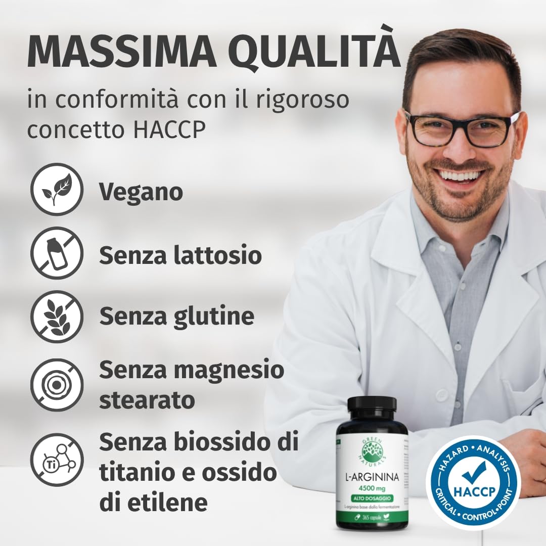 Green Naturals® L-Arginina – Ad alto dosaggio 4.500 mg per dose giornaliera – L-arginina base pura da fermentazione naturale – 100% vegana & senza additivi – 365 capsule (60 giorni)