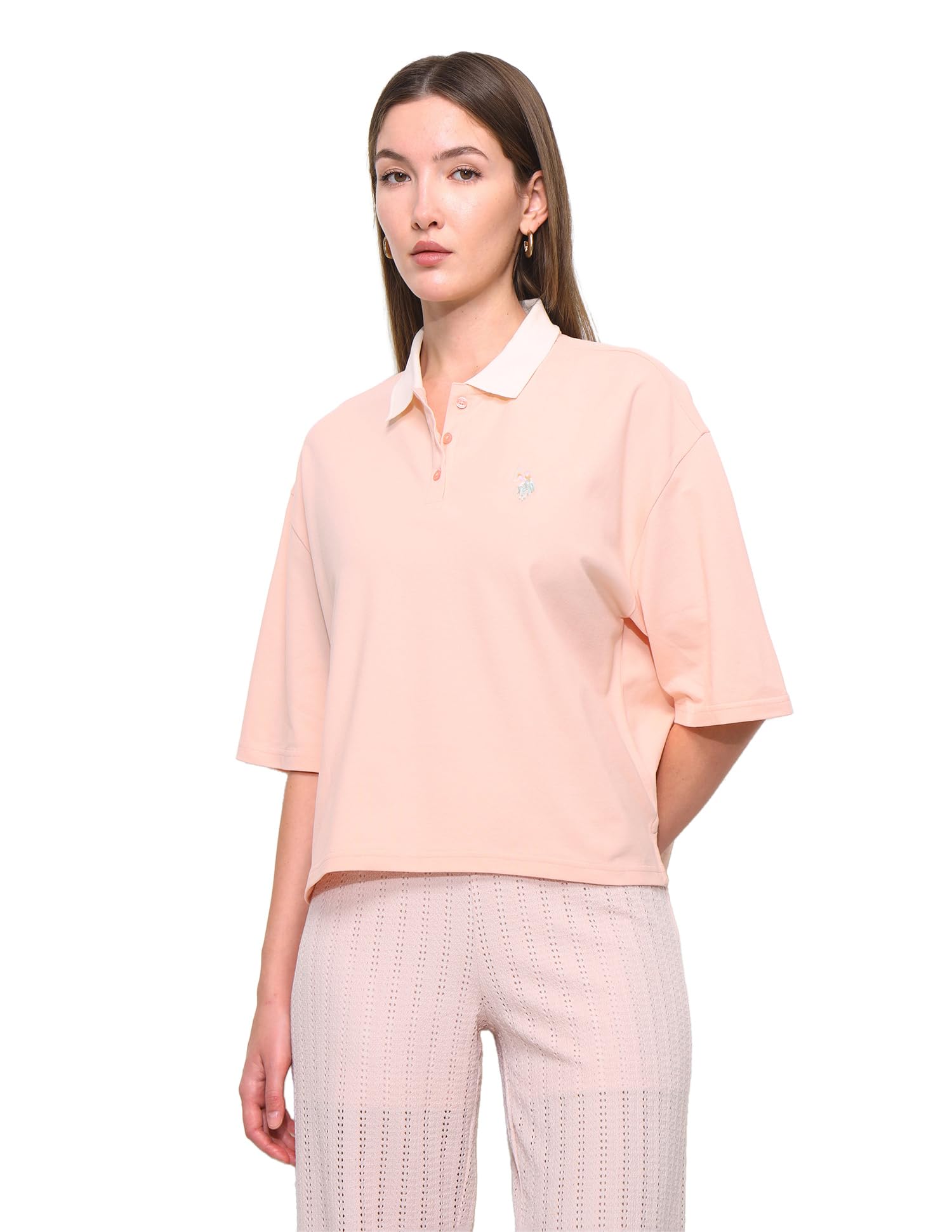 u.s. polo assn. Women's Solid Oversized fit Contrast Collar Polo Shirt-picture-42
