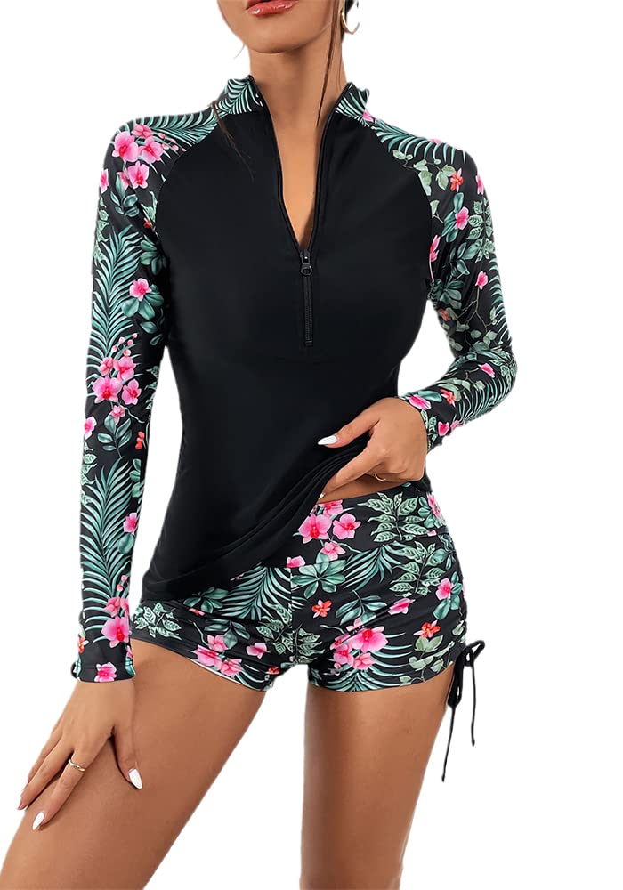 SeocsingWomens 2 Piece Swimsuits Tankini UPF 50+ Rash Guard Floral Long Sleeve Zipper Swim Shirt with Shorts Bathing Suit Tops Swim Pants for Women Surfing Bodysuit Athletic Swimwear Set