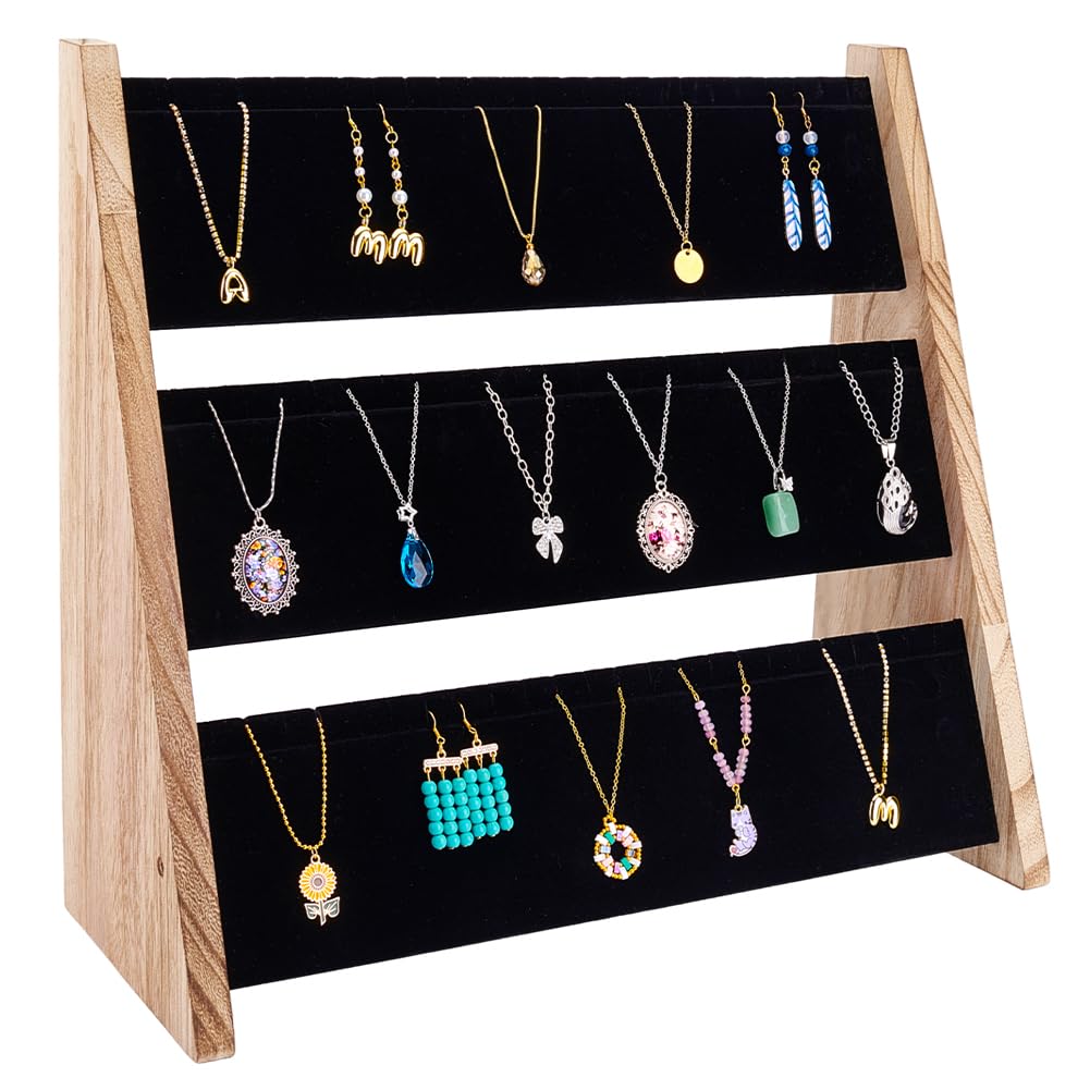 PH PandaHall Necklace Jewelry Display Holder 3 Tier Wood Pendant Holder Display Stand with Black Velvet Large Capacity Necklace Organizer Stand Jewelry Display for Home or Selling Show