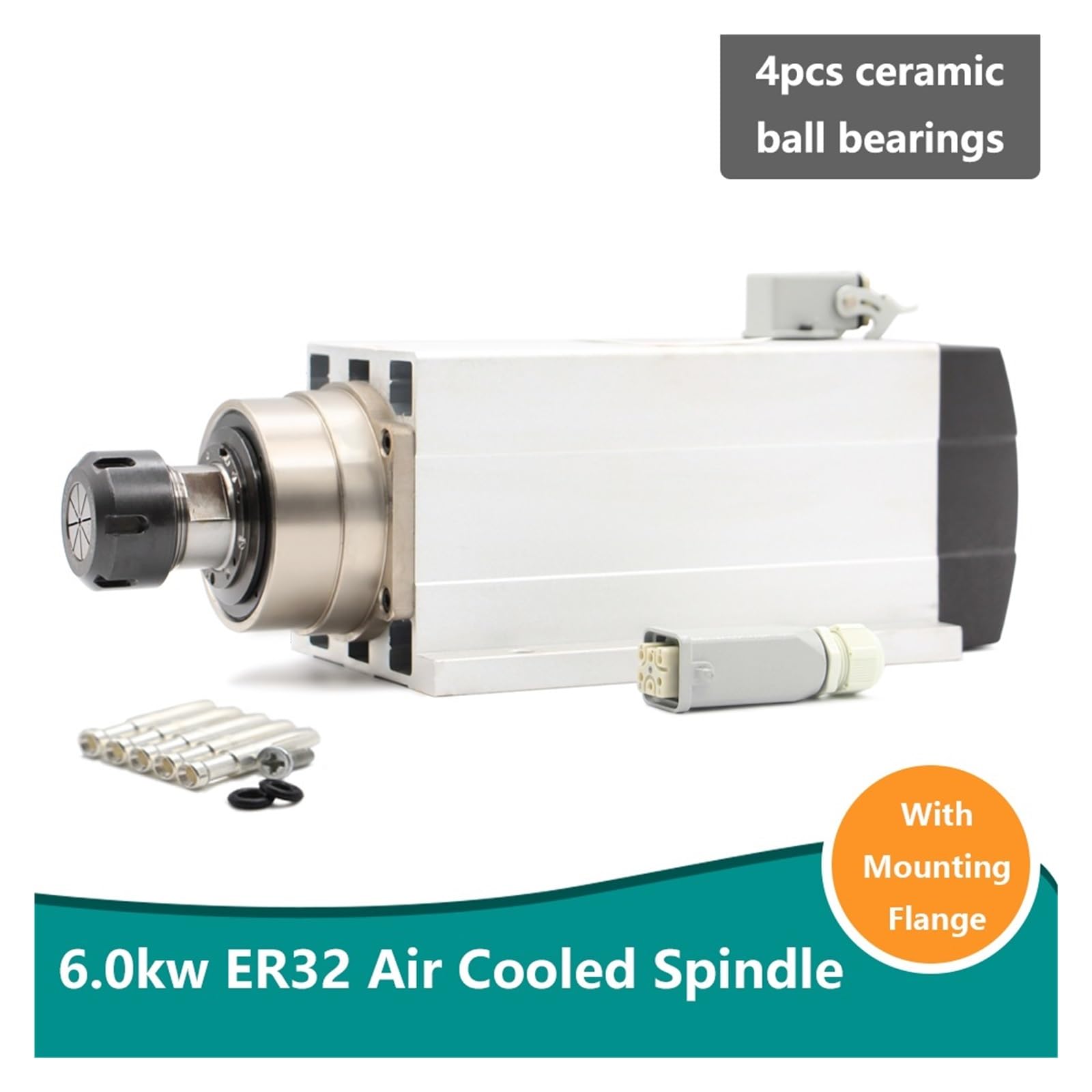 KACOME 6.0KW air-Cooled Spindle ER32 300Hz 220v / 380v with mounting Flange 4 Ceramic Ball Bearings 0.01mm Accuracy(220V)