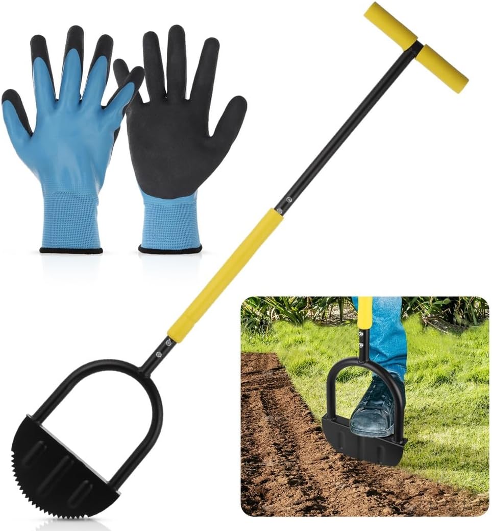 Steel Step Edger Forming Clean Lines for Flower Beds, Gardens, Driveways, Sidewalks, Half Moon Edger Lawn Tool with Long Handle & T-Grip, Manual Saw-Tooth Edger Accompanied by Latex Gloves