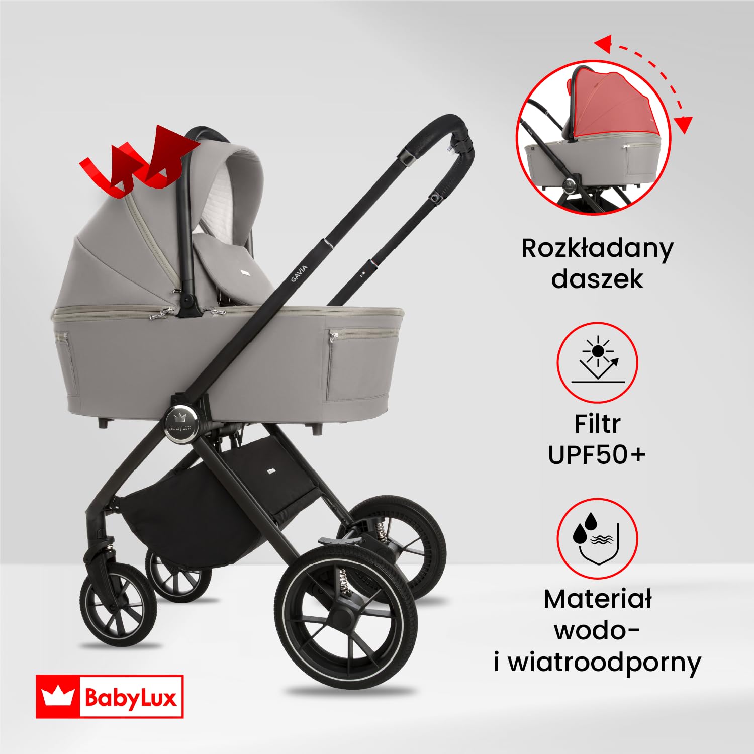 BabyLux Wielofunkcyjny Wózek Dziecięcy 3w1 GAVIA Lekki i Kompaktowy | Gondola, Spacerówka, Fotelik Samochodowy, Składana Aluminiowa Konstrukcja Stelaża, Regulowane oparcie, Akcesoria