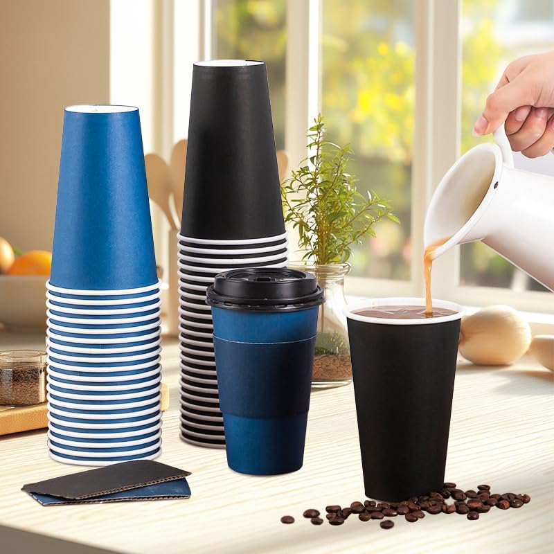 SIUQ 100 Pack 16 oz Disposable Coffee Cups with Lids and Sleeves, To Go Paper Cups, Hot & Cold Drinking Cups for Tea, Coffee, Water, Hot Chocolate, Paper Coffee Cups Ideal for Home,Cafes,Store - Image 2
