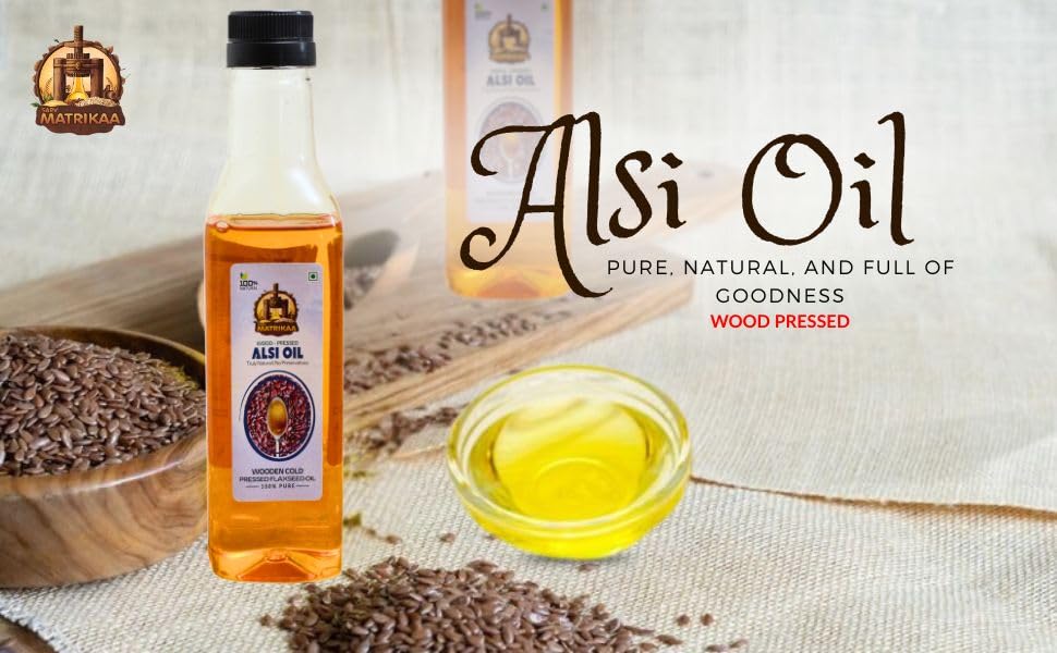 Image of SARV MATRIKAA Wood Pressed Alsi Oil 250ml | Cold Pressed Flaxseed Oil | 100% Pure & Natural | Edible Grade | No Preservatives | Omega 3 Rich | For Cooking, Skin & Hair Care