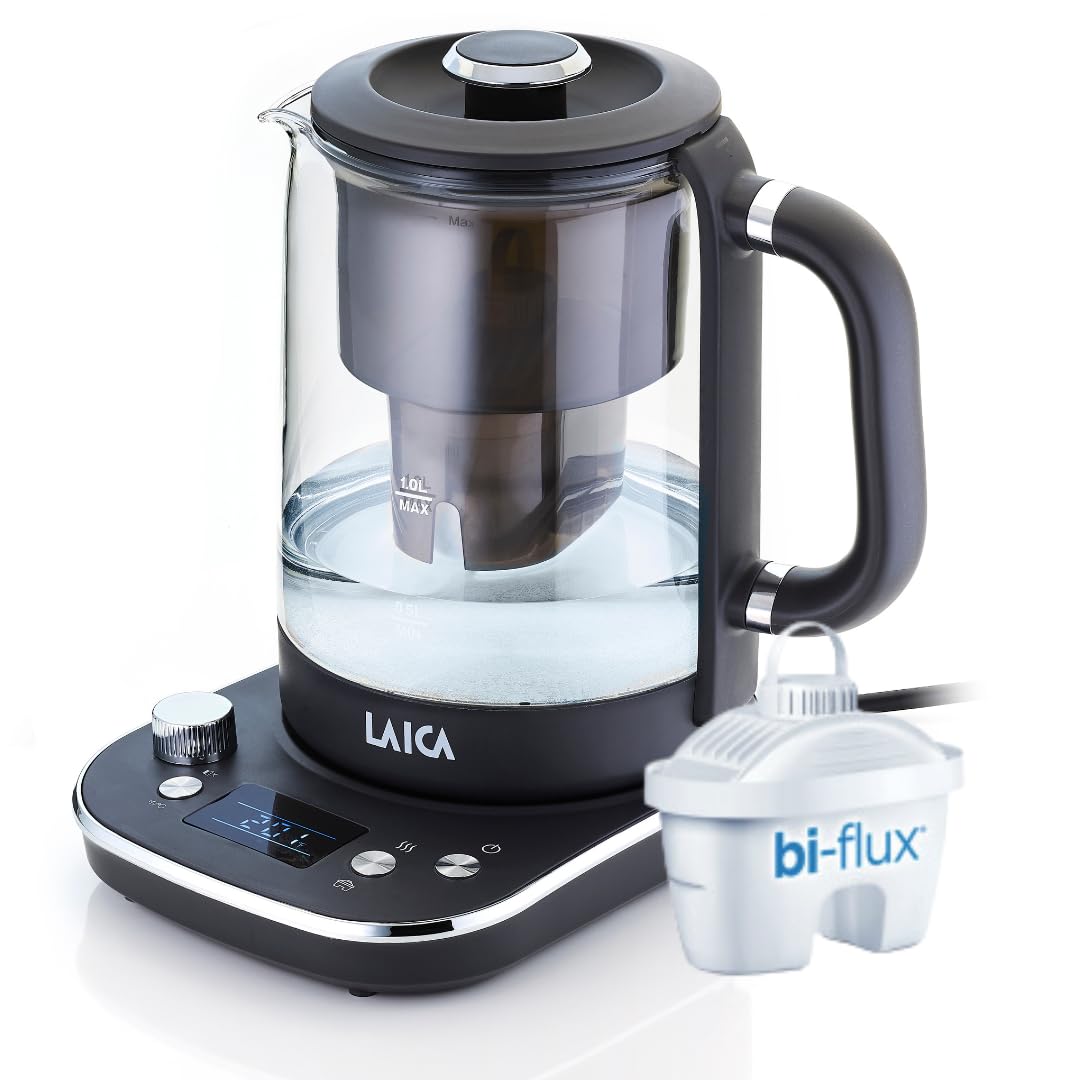 Bouilloire électrique filtrante ISEO de LAICA, capacité de 1 litre avec 7 réglages de température, fonction de maintien au chaud et minuterie + 1 cartouche filtrante pour thé et café Bi-flux, 2.5 kW