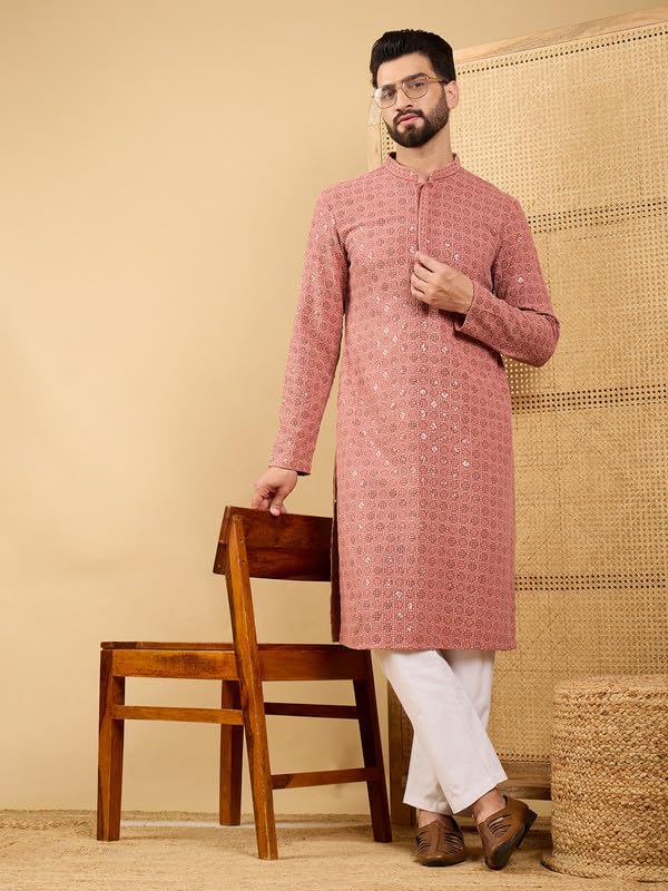Image of Men's Solid Embroidered Long Straight Kurta | Men's Kurta | Embroidered Chikankari Kurta for Men | Straight Fit Kurta for Men