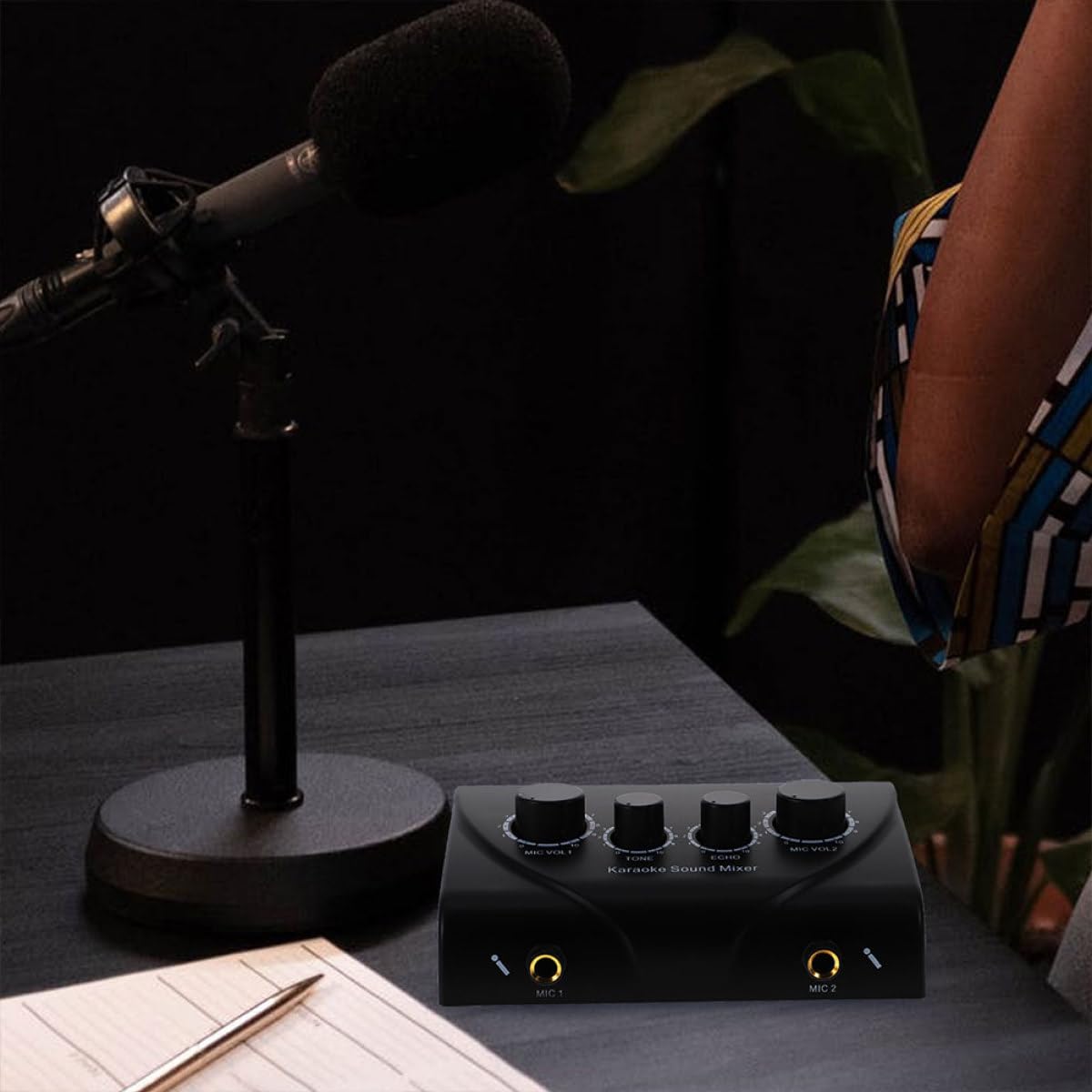 LIOOBO Mezclador de Audio bajo Ruido Profesional Karaoke Negro con Doble Micrófono y Cable y Mejora de Voz para Salas Ktv y Escenarios