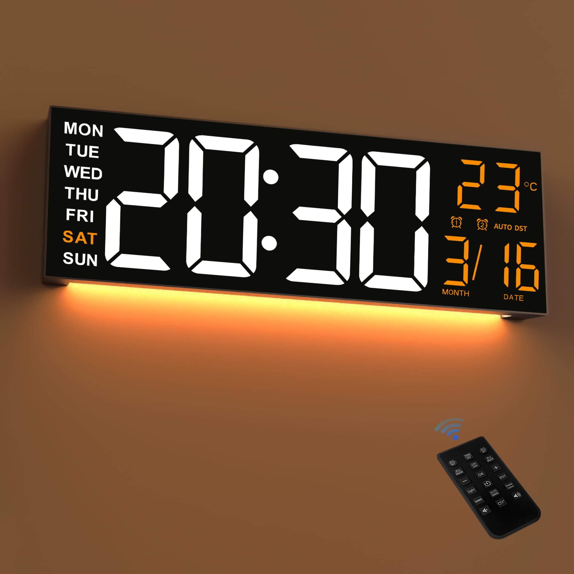 Maxstar 16"Gran reloj digital de pared con pantalla LED de 8 RGB y control remoto,alarmas dobles fuertes, DST,temperatura,fecha,luz nocturna para dormitorio/oficina/sala de estar/tienda/sala de juegos