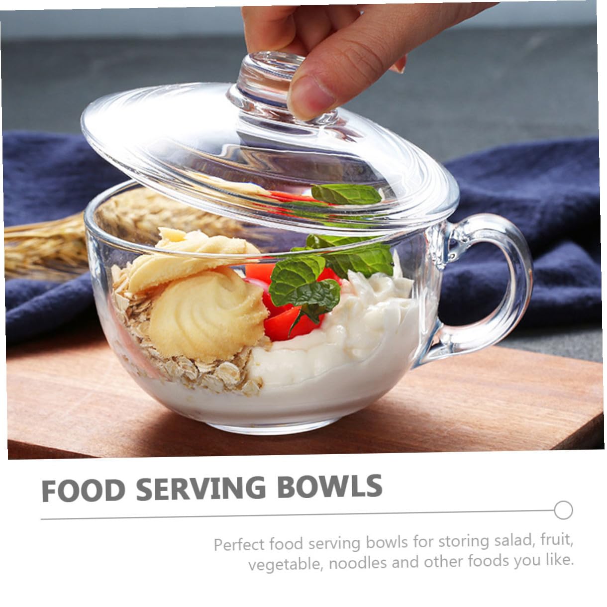 Homoyoyo Bol de Cristal Transparente de 600 Ml con Tapa y Asa Bol para Desayuno Leche Avena Ensalada y Postres Recipiente Multifuncional para Uso Doméstico