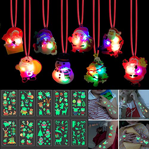BEIGUO 22 Pack Christmas Light Necklace and Christmas Glow in the Dark Temporary Tattoo Stickers Party Favors for Kids Boys Girls Toddlers Christmas Stocking Stuffers