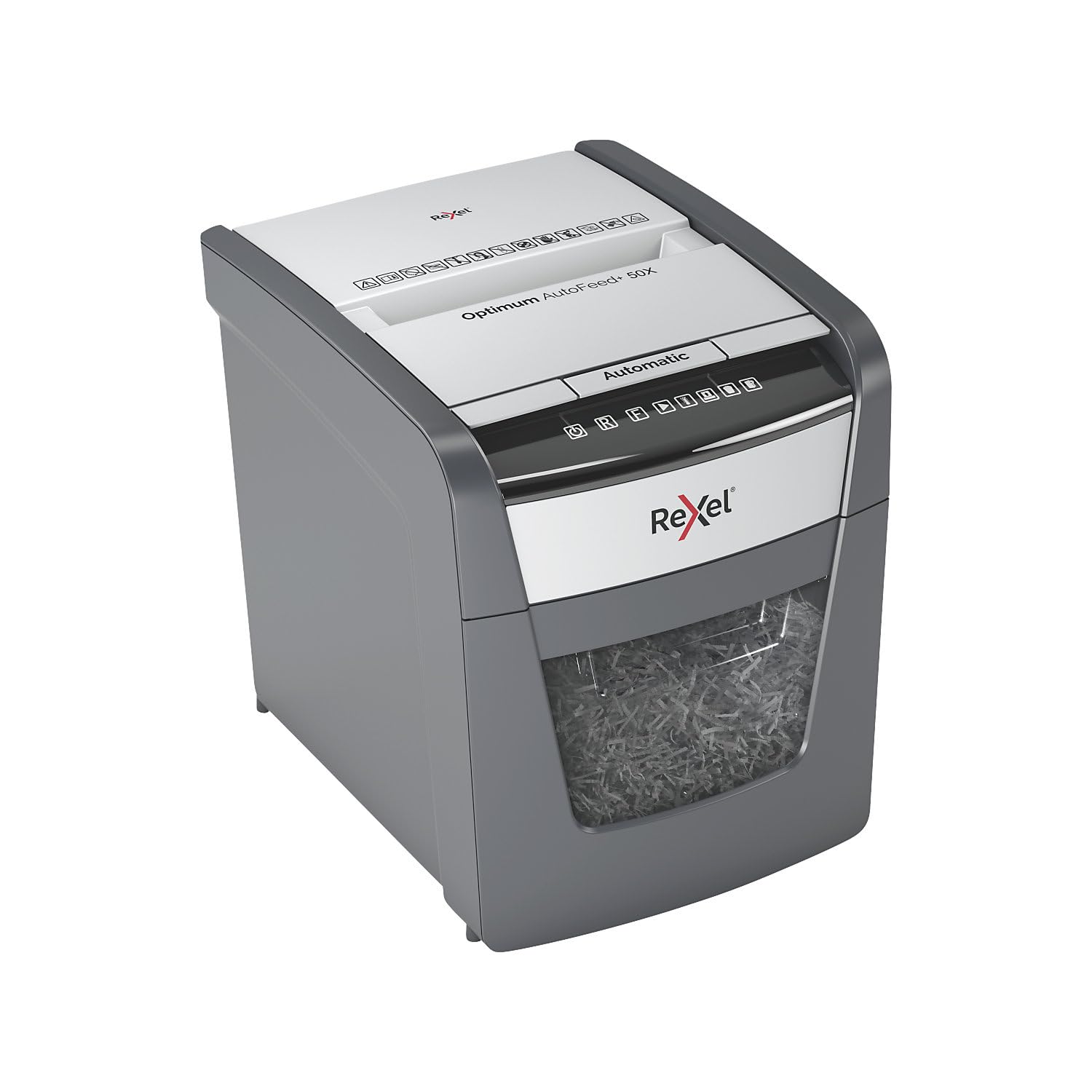 REXEL Optimum Auto Feed+ 50X, Distruggidocumenti Automatico, Spina Svizzera, 50-55 Fogli (80-70 gr/mq), Taglio a Frammento, Livello di Sicurezza P-4, per la Casa e per l’Ufficio, Capacità 20 Litri