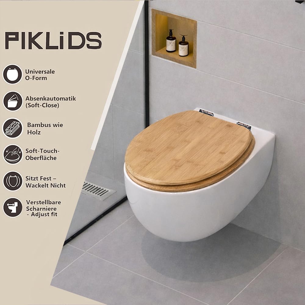 Deska sedesowa z bambusa wolnoopadająca, szybkie zapięcie i Easy-Clean, Soft-Touch PIKLiDS