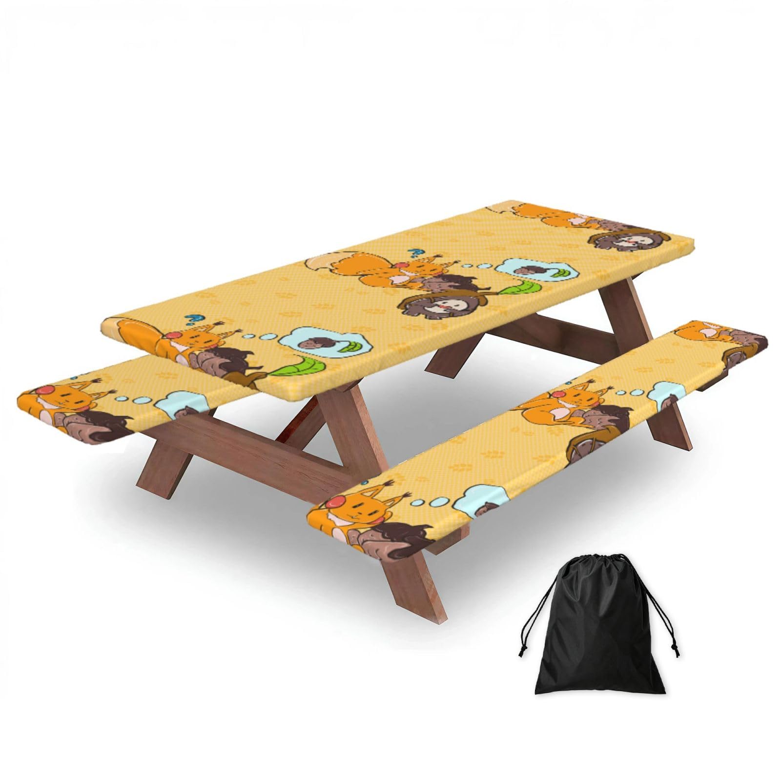 Hhbiuuo Black 72In Camping Table Cover & Bench Covers 3-Pack Set, Sunflower Seed Squirrel Print Tablecloths, For Rectangle Tables Picnic