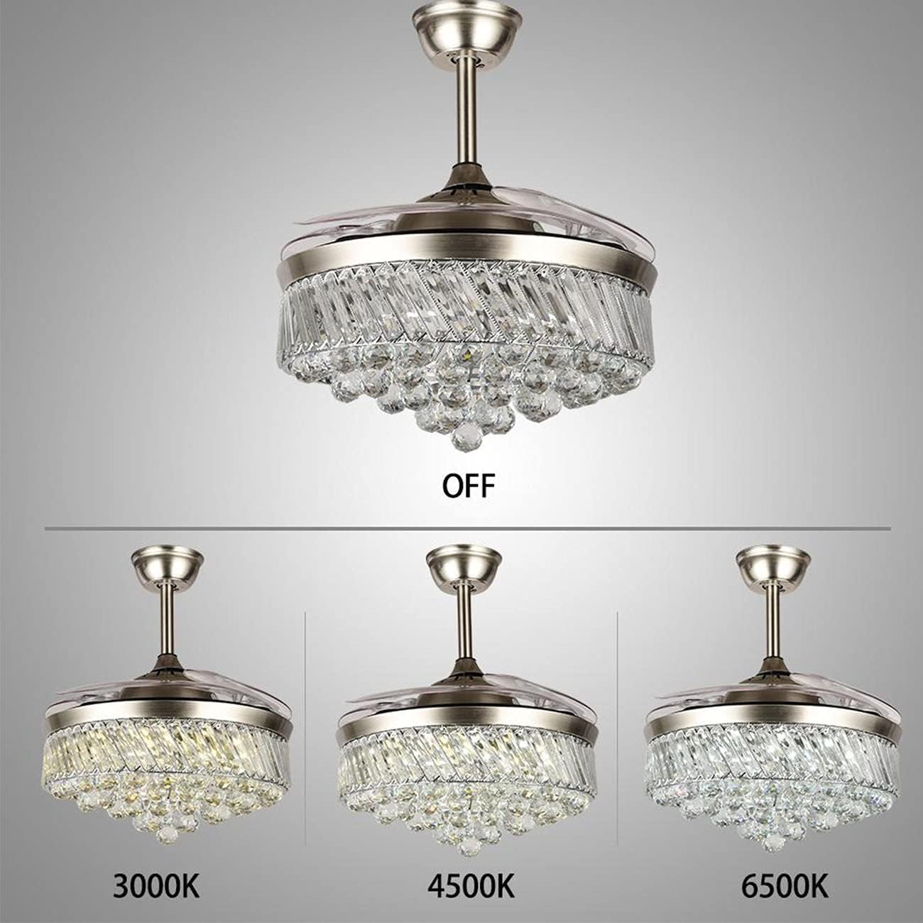 42" Fandelier Crystal Ceiling Fan Lights with Remote, Modern Invisible Hidden Retractable Ceiling Fans with Lights 3-Color Dimming Chandelier Lighting for Dining/Living Room (Silver)