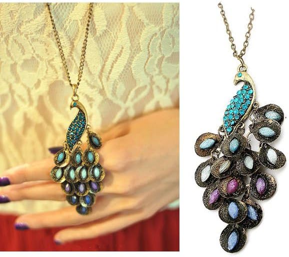Sellingpillar New Retro Bronze Vintage Peacock Crystal Rhinestone Pendant Necklace