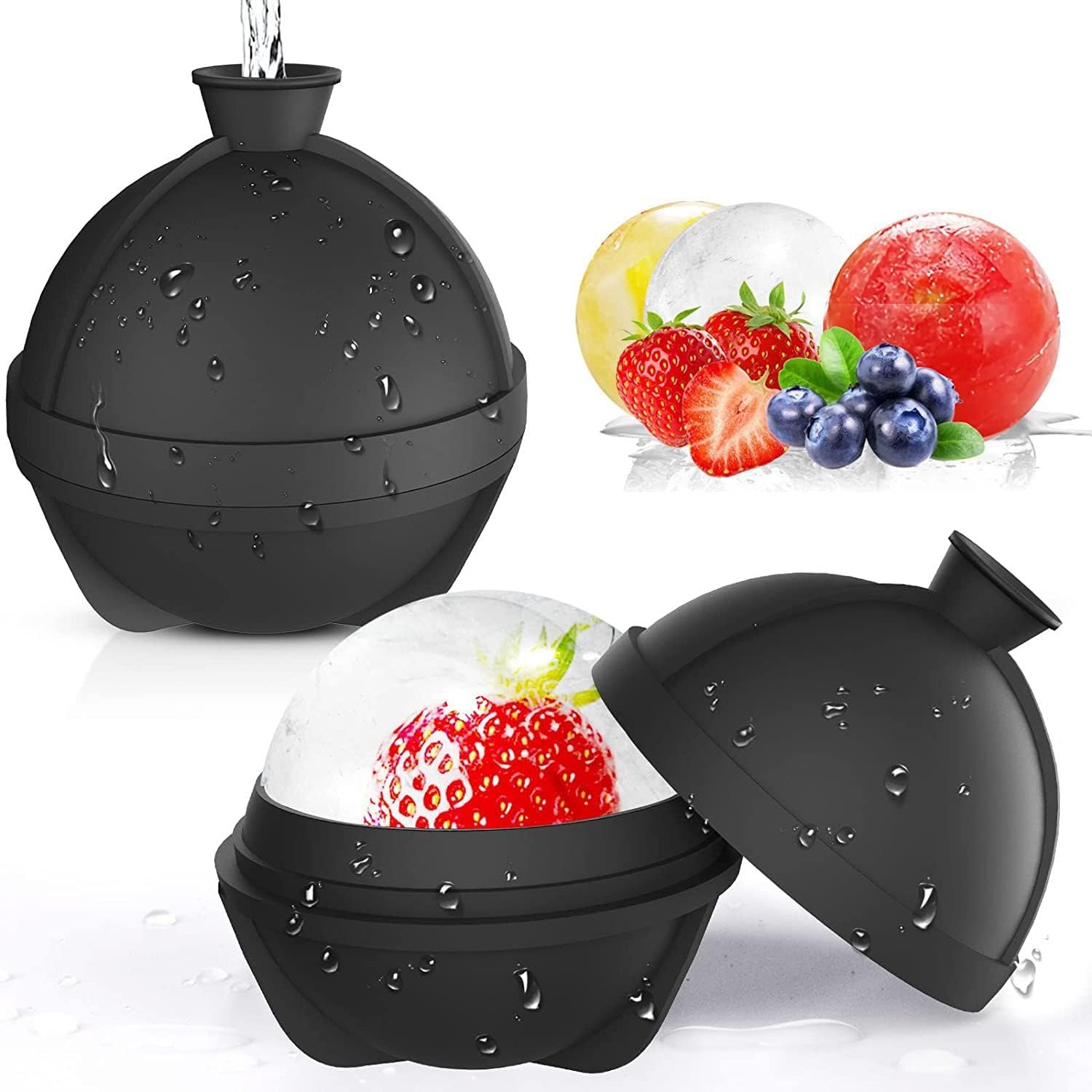 GraGraIce Ball Molds, 2 Pack Round Ice Cube Molds, Sphere Ice Molds with Built-in Funnel, Silicone Freezer Press Ice Ball Maker Mold, Make 2.5 Inch Sphere Ice Cubes for Whiskey, Cocktails, Bourbon