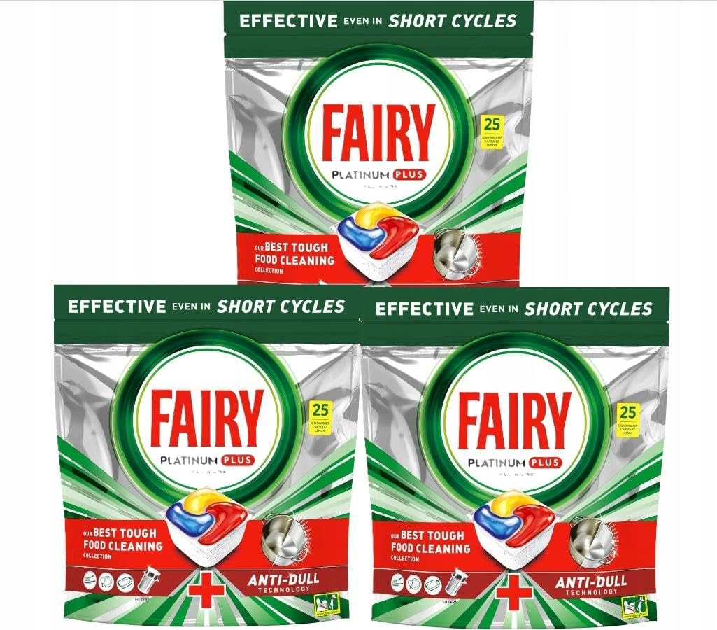 Fairy Platinum Plus, 75 szt., Kapsułki do Zmywarki, Fresh, z Technologią Usuwania Osadu, 3-komorowe, z Płynem do Płukania i Ochroną Szkła