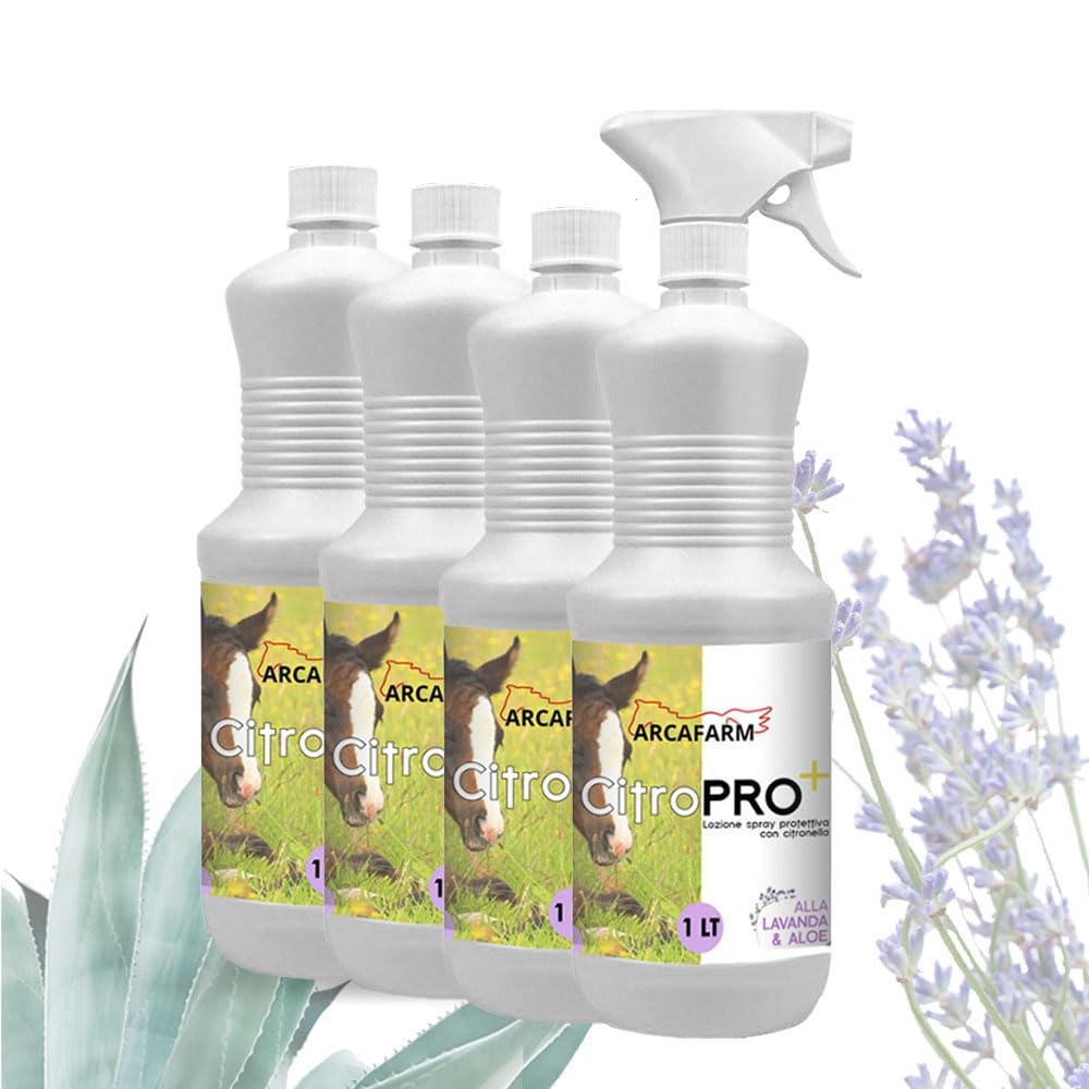 4 Pezzi Repellente Naturale Spray alla Citronella con LAVANDA e ALOE per Cavalli 1 lt Citropro, Lozione anti Insetti Volanti Mosche Zanzare, Protezione Lunga Durata, 100% Made in Italy