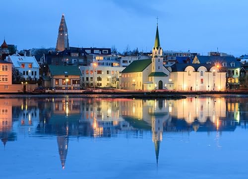 Miniatura 2 de Noah Puzzle hermoso reflejo del paisaje urbano de Reykjavik en el lago Tjornin en la hora azul en invierno 1000 piezas