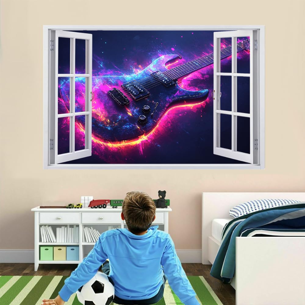 Decalcomanie da muro Art 3D Fracassato Chitarra Adesivi murali removibili Arte Astratta Carta da parati Camera da letto autoadesivo per ragazze Camera da letto Nursery Home Decor Gift