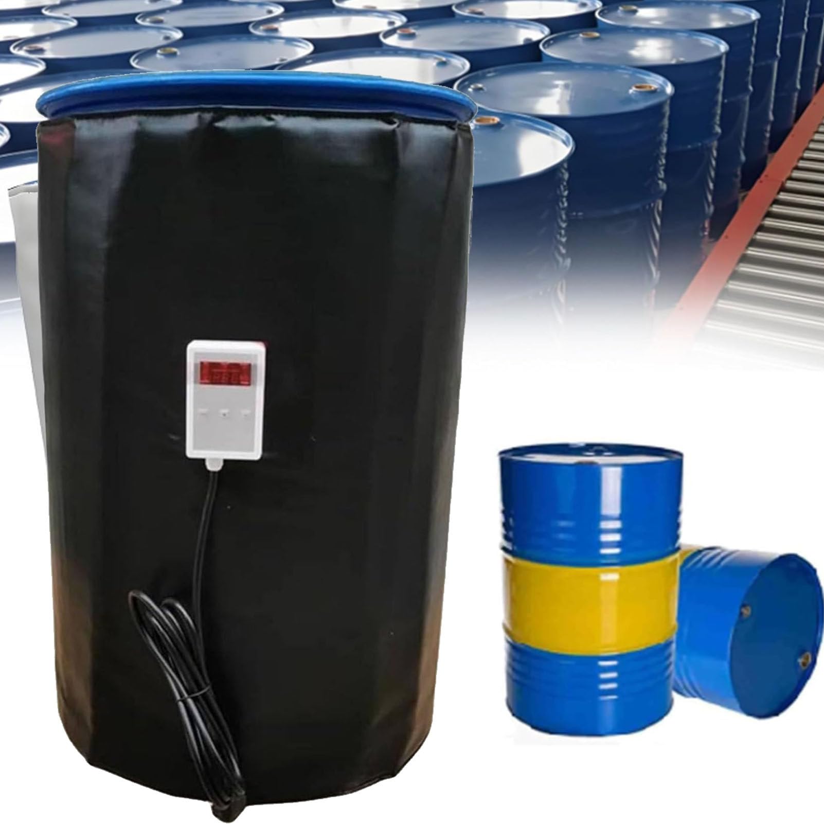 Koc grzewczy do pojemników IBC, zbiornik grzewczy z pełną pokrywą, koc termiczny do beczek z olejem, do ekstremalnie niskich temperatur, z regulatorem temperatury Black-200L/55Gal