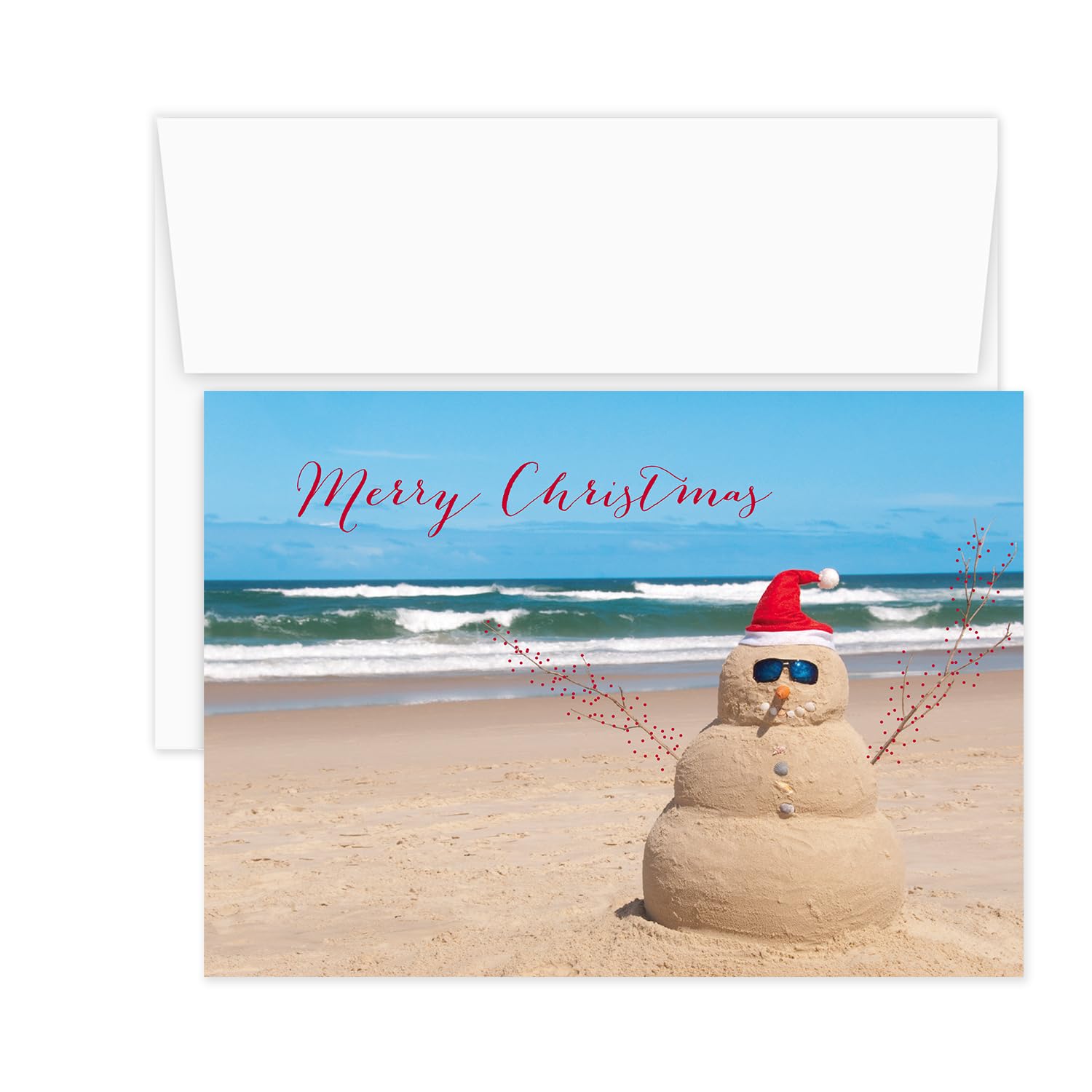 Canopy Street Masterpiece Beach Snowman Cards / 16 Merry Christmas Holiday Card Set With White Envelopes / 5 5/8" x 7 7/8" Winter Greeting Cards With