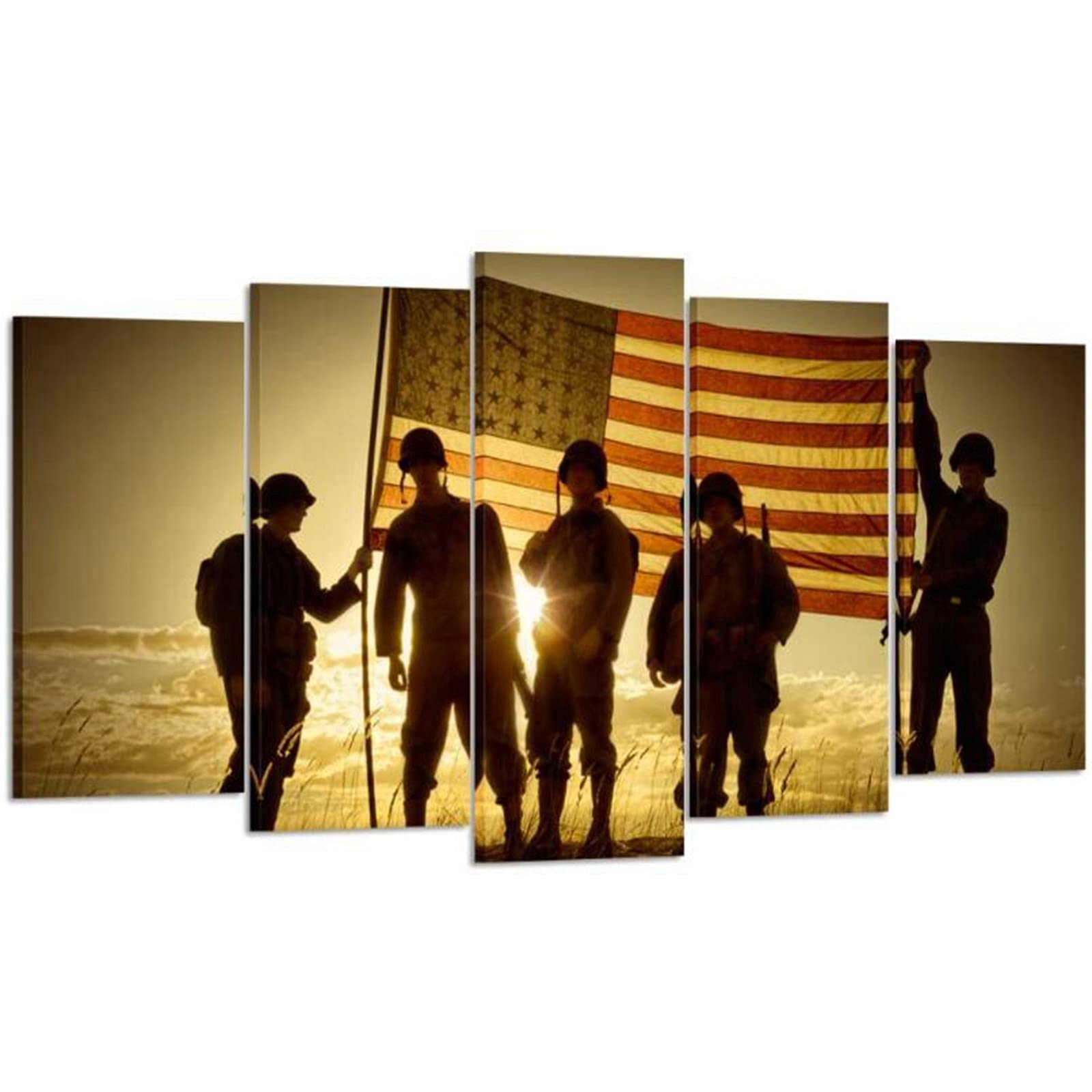 Cuadro en Lienzo,Silueta De Soldados con Impresión De Pintura En Lienzo De Bandera Estadounidense, Fuerzas Armadas Vintage En Imágenes De Puesta De Sol Ilustraciones Framed,XL