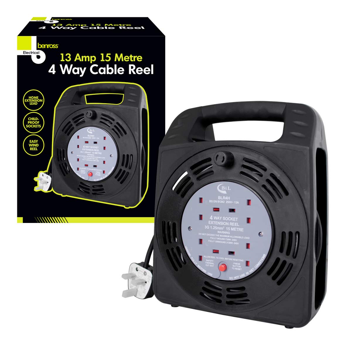 Benross 48280 4 Way Cable Reel Extension Lead with 15m Cable, 1-Pack