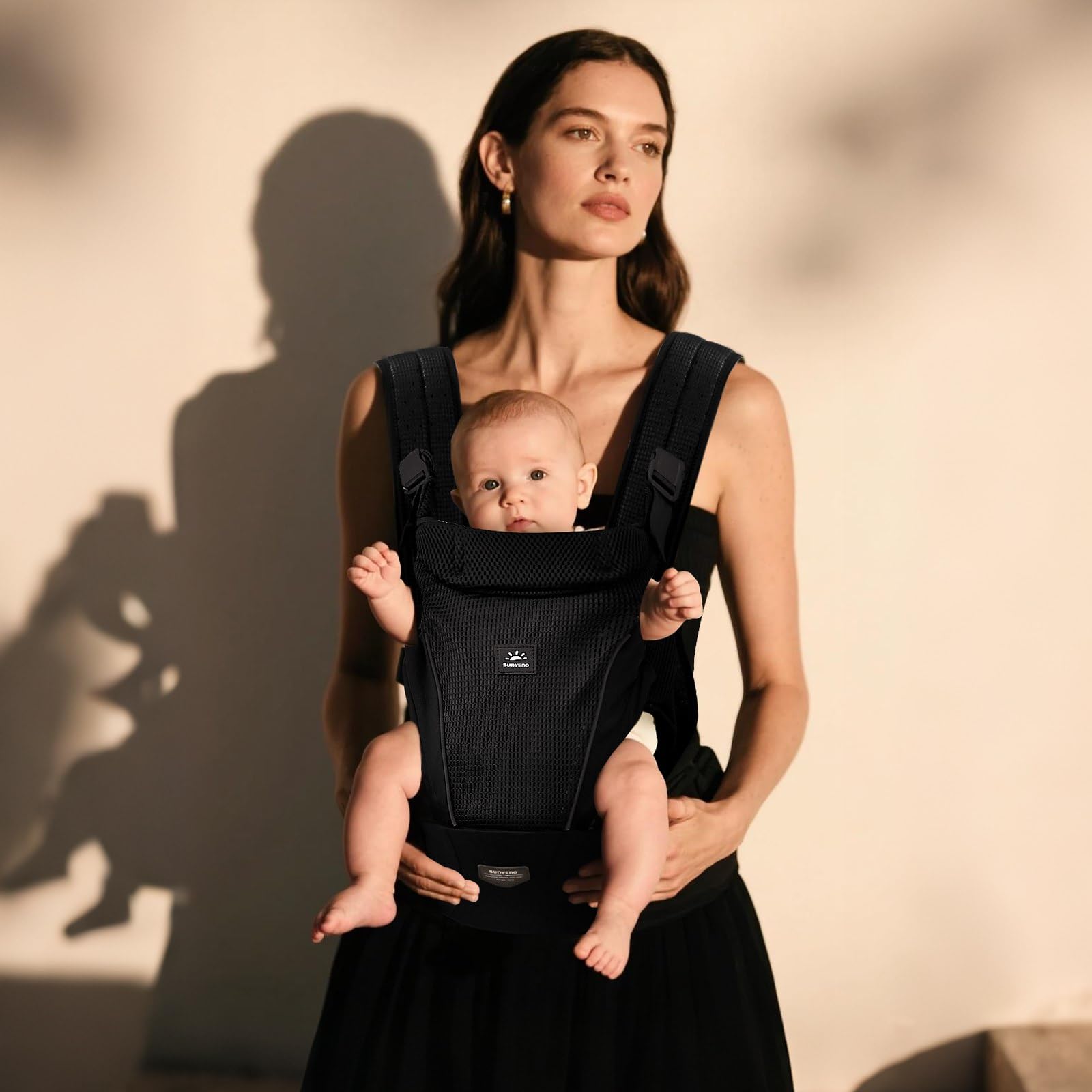 SUNVENO Babytrage mit Hüftsitz, Ergonomische Hüftsitz Babytrage für Neugeborene und Kleinkinder 3–20 kg, Atmungsaktives Mesh-Gewebe, Verstellbar, Front- und Rückentrageweise