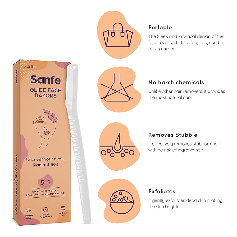 Sanfe Glide Reusable Face & Eyebrow Razor For Women | For Safe & Painfree Facial Hair Removal - Pack of 1 (3pcs) | Razor for Face, Eyebrows, Upper Lips, Chin, Side Locks, Forehead | For Soft Hair 3