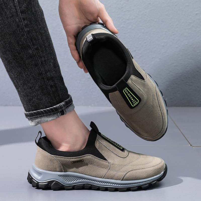 Men's Slip-On Athletic Sneakers, Suede Running Shoes, Lightweight Outdoor Sport Footwear, Black, Grey, Khaki3