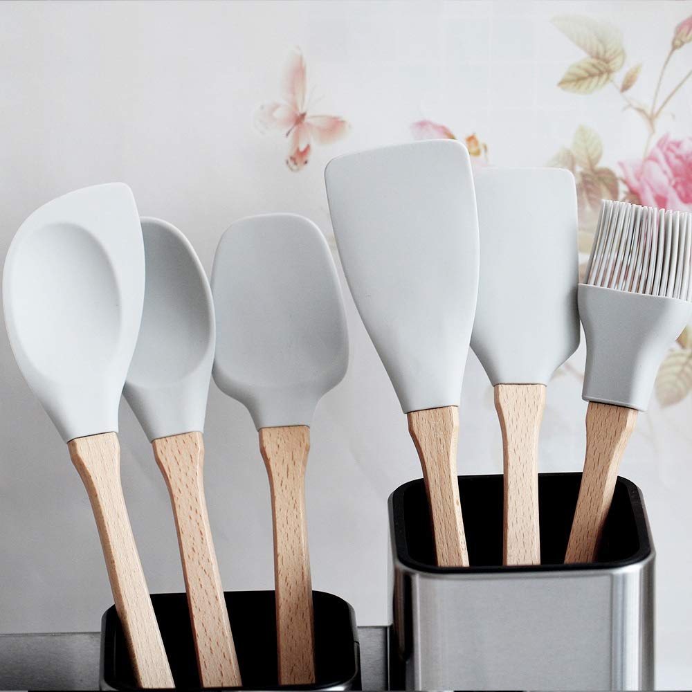 6 Stück/Set Utensilien Hellgrau Lebensmittelqualität Silikon Holzgriff Küche Kochwerkzeug Kochgeschirr Spatel Pfannenwender Schöpflöffel Küchengeschirr