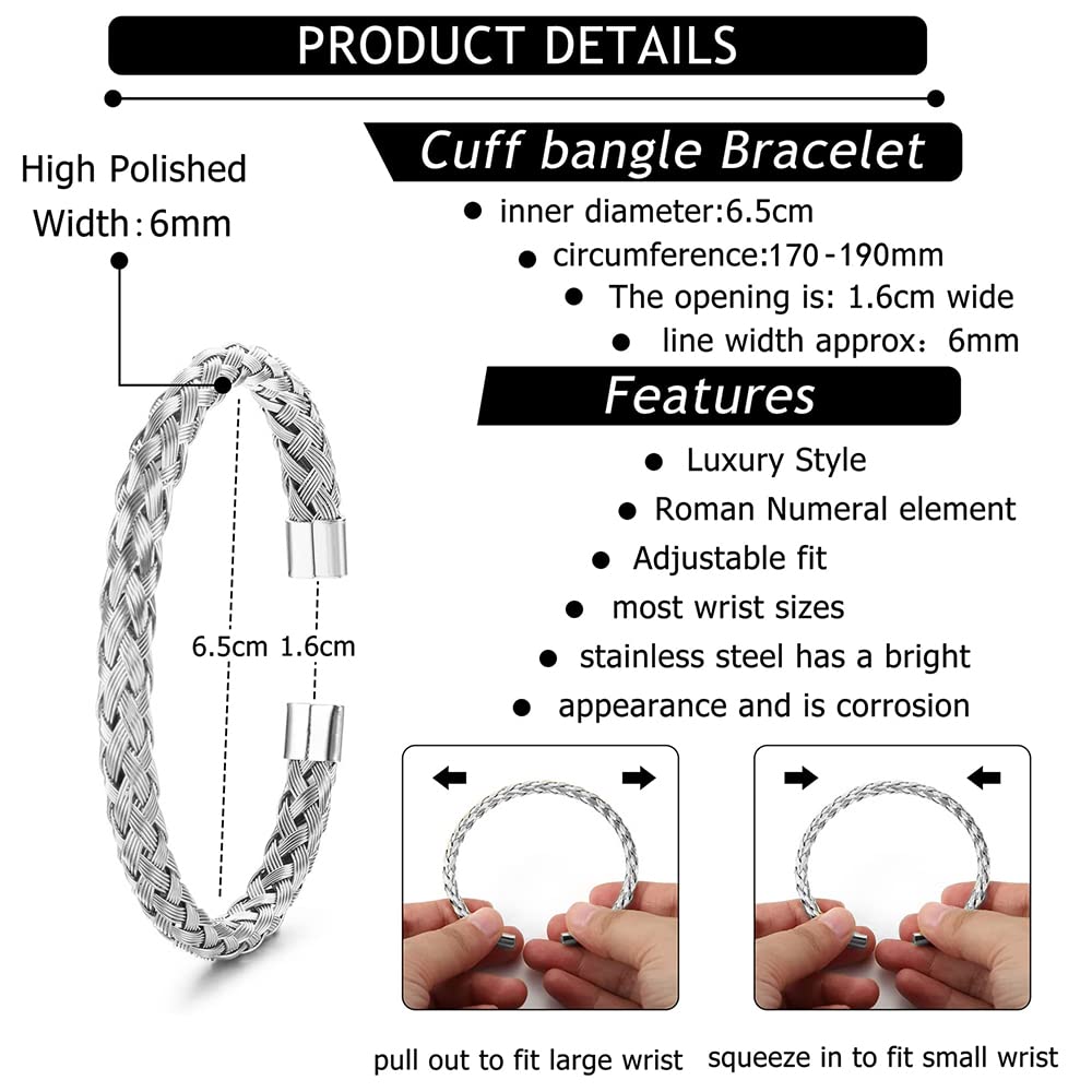 Men's Braided Bracelet Set - Stainless Steel Leopard Head Roman Numeral Hip Hop Jewelry - View #4
