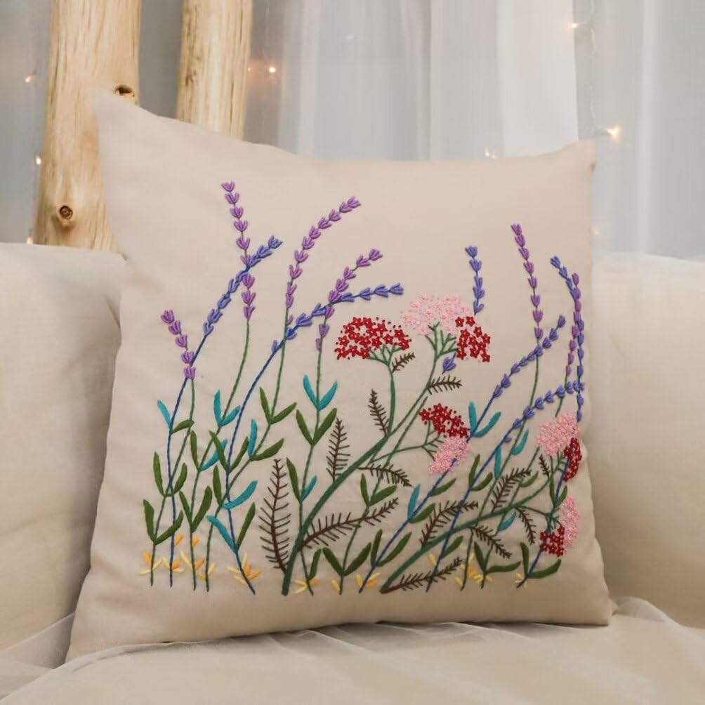 ATOLY Embroidery Kit with Lavender Pattern Pillowcase Cover, Instruction, Drawings, for Pillow Cover, Cushion Cover - 17×17 Inches