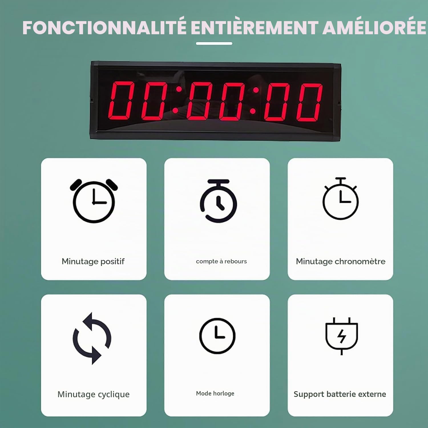 Timer Sport avec Chronomètre et Minuteur d’Intervalle, Horloge Murale Numérique LED avec Télécommande et Bouton – Idéal pour Fitness, Gym, EntraînementBlack,3inch