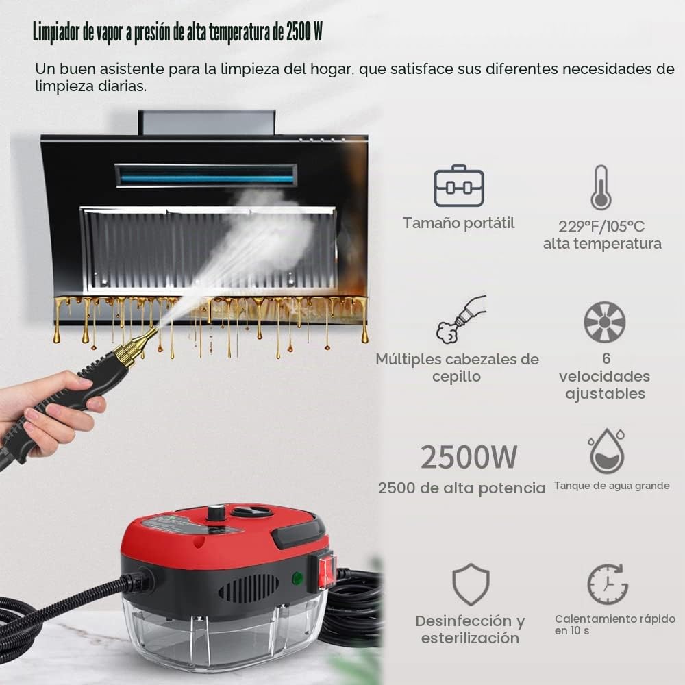 Decdeal Limpiador a vapor portátil portátil de 2500 W Máquina de limpieza a vapor presurizada a alta temperatura con cepillos y guantes para muebles de cocina coche de baño