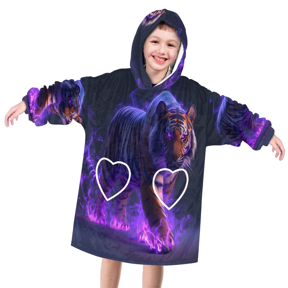 Wearable Blanket Hoodie for Kids, Roaring Tiger Fleece Sweatshirt Blanket Oversized Blanket Sweatshirt with Pocket Flannel Warm Hooded Blanket 6-10 Year Old Girl Boy Gift, One Size