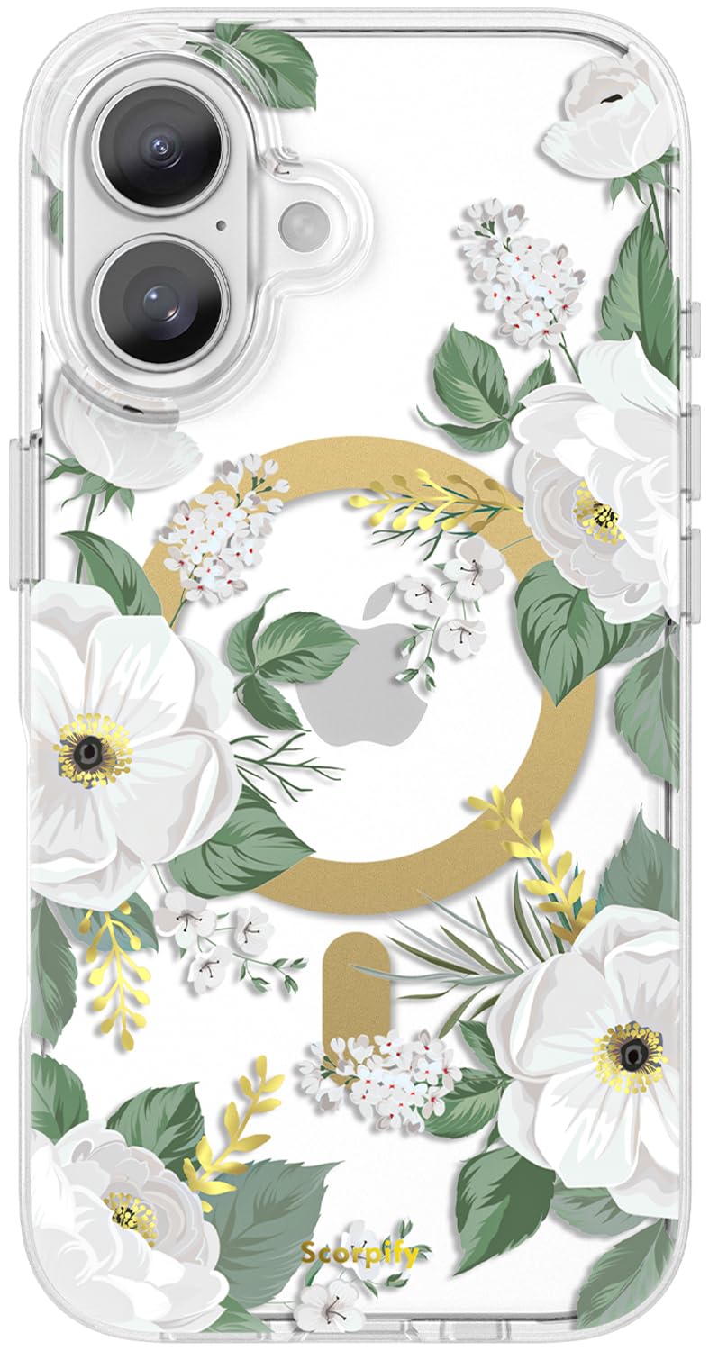 SCORPIFY for iPhone 17 Case [Compatible with MagSafe] with White Rose Floral Design, Cute Clear Flower Magnetic Phone Cover for Women Girls, [Non Yellowing] Slim Bumper with Gold Accents