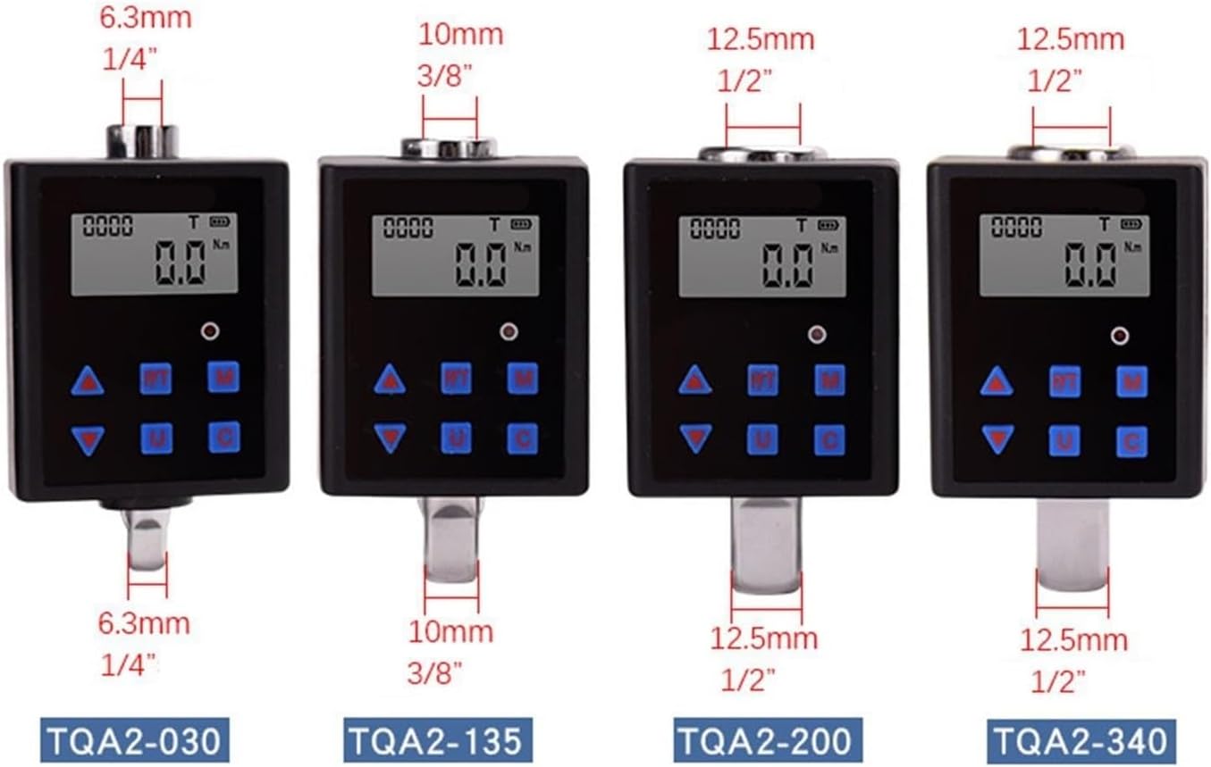 Four different models of BAISULI Digital Torque Adapters (TQA2-030, TQA2-135, TQA2-200, TQA2-340) with their respective drive sizes (1/4 inch, 3/8 inch, 1/2 inch).