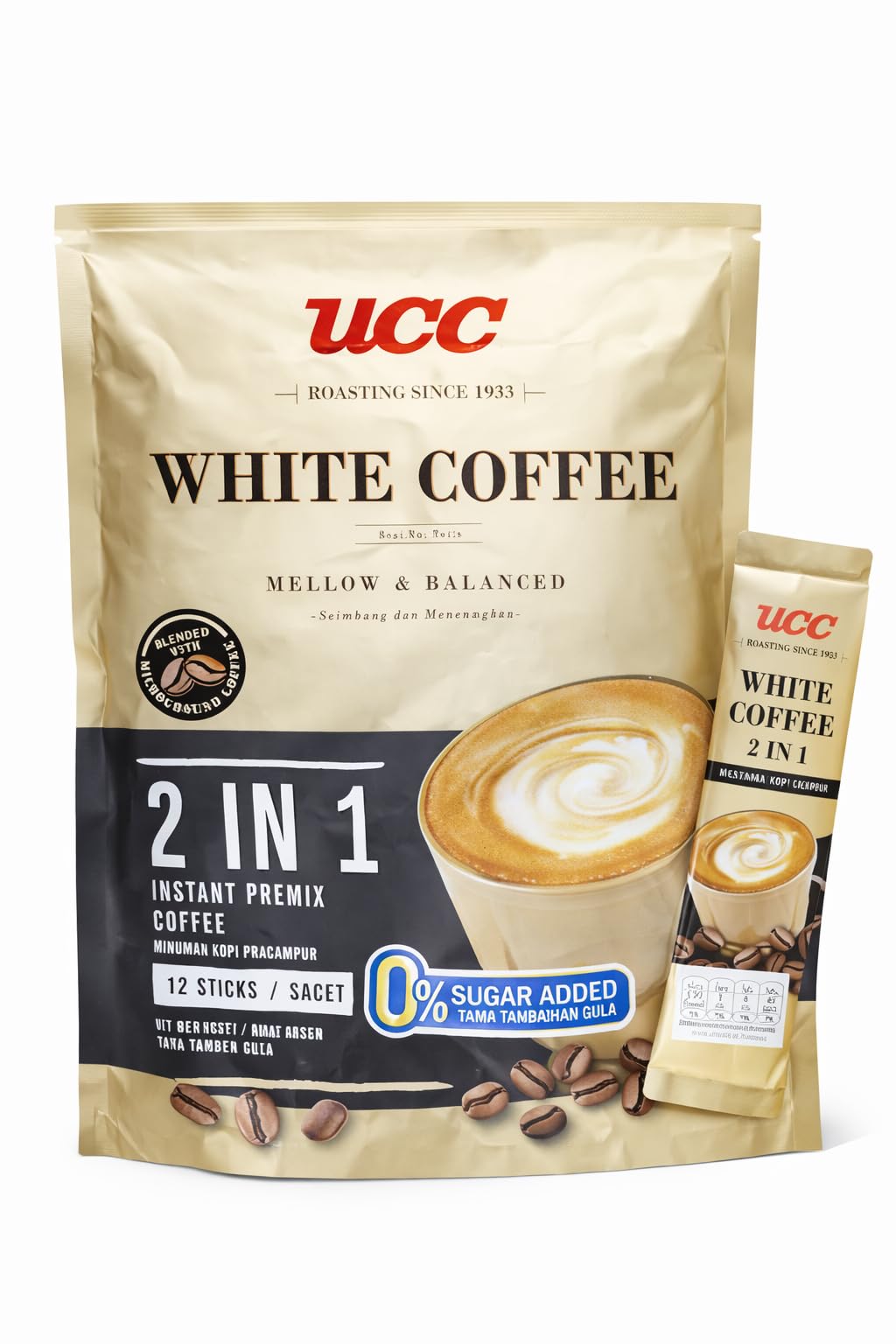 UCC White Coffee 2 in 1 Instant Premix Mellow & Balanced Blend No Sugar Added 12 Individual Sticks Smooth Creamy Texture 125g (Imported)