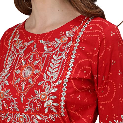 Image of ishin Women's Cotton Red Yoke Design Embroidered Anarkali Tiered Kurta