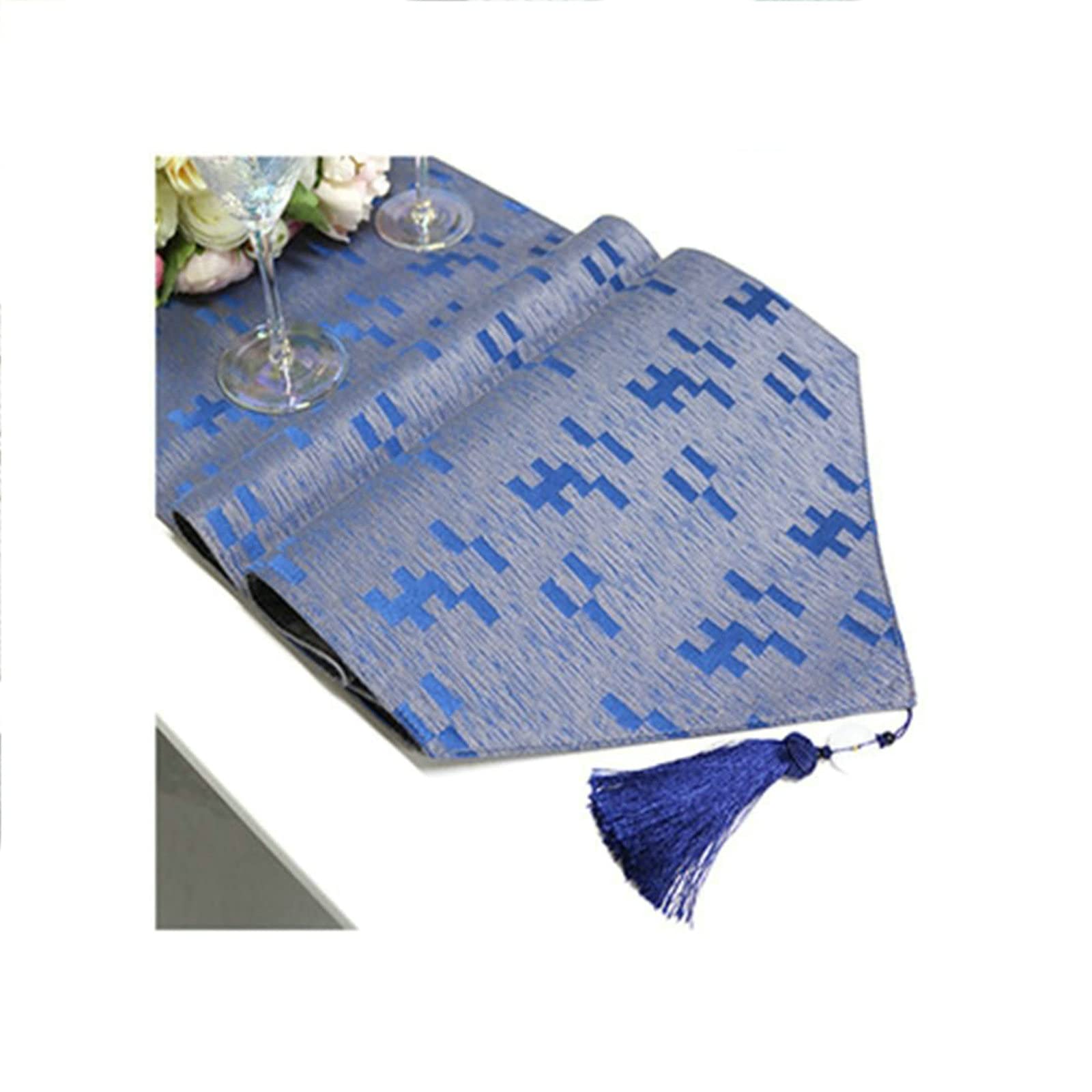 Chemin de table de salle à manger en coton jacquard avec pompons - 228,6 cm - Bleu