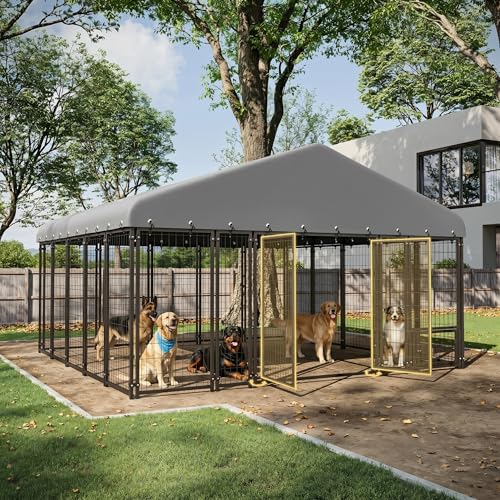 Muphyers 10X10FT Large Dog Kennel Outdoor Dog Enclosure Outside, Double Door Heavy Duty Galvanized Steel Dog Crate Durable Dog Cage with Roof & Double Lock