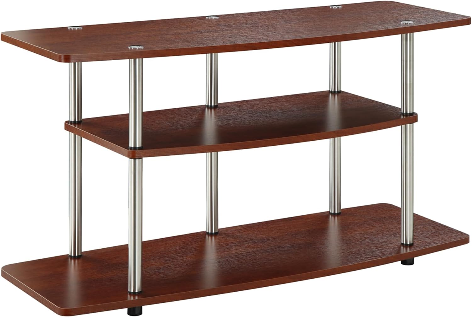 Pemberly Row Easy Assembly No Tools Required 42" TV Stand Entertainment Console with 3 Tier Storage Shelves in Cherry and Stainless Steel Clad Finish
