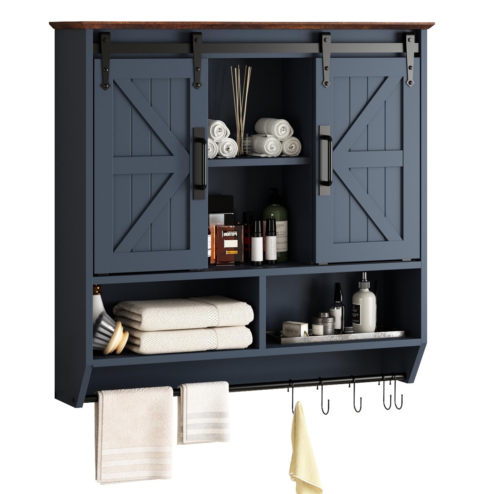 rustown farmhouse bathroom wall cabinet,3-tier rustic wood wall mounted cabinets,vintage medicine cabinet with sliding barn door and adjustable shelves,over the toilet storage cabinet (navy blue)